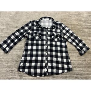 Eden & Olivia Top Womens Large Black Plaid Button Up 3/4 Sleeve Polyester Blend